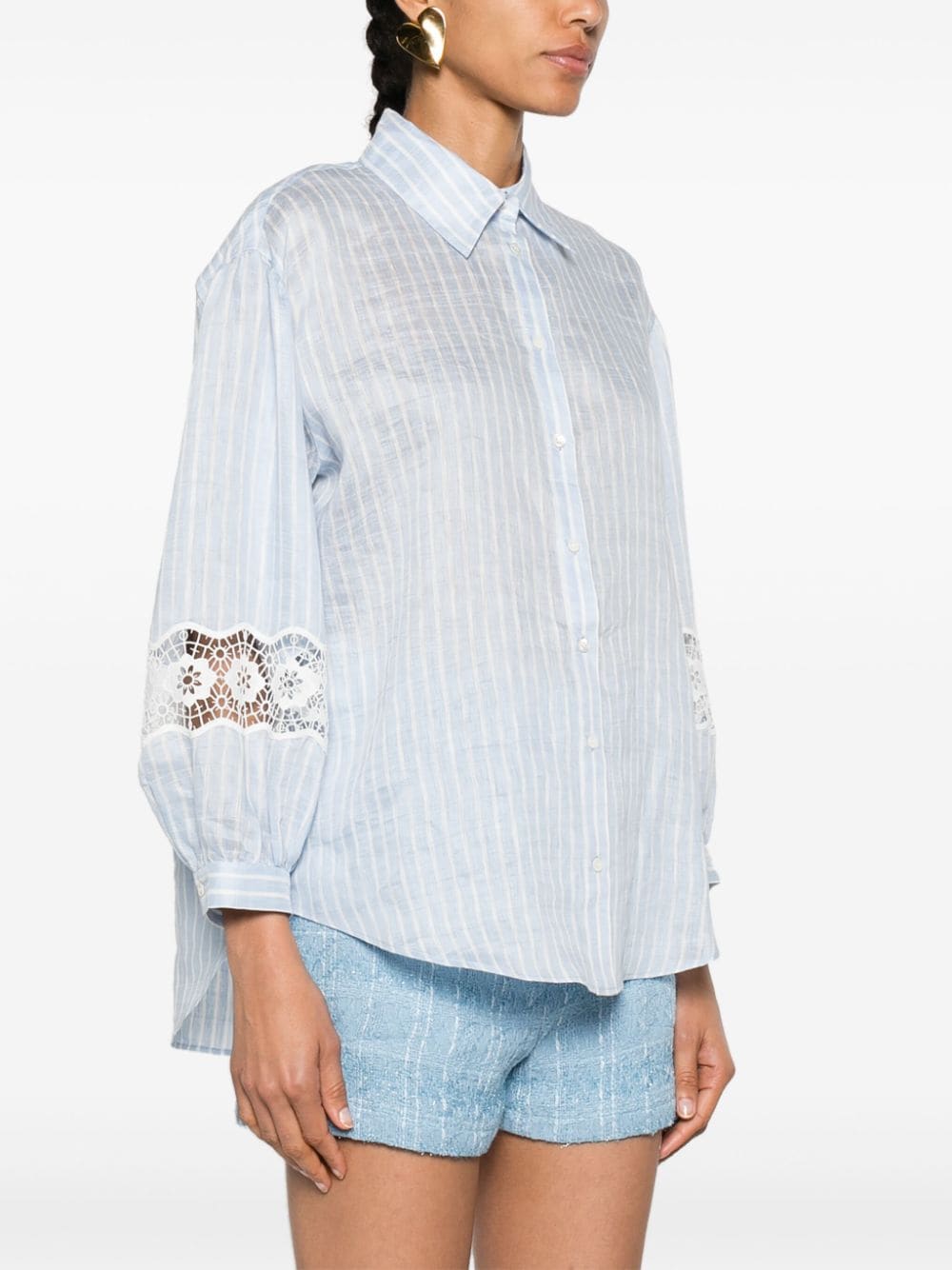 Shop Sandro Pinstriped Linen-blend Shirt In Blue