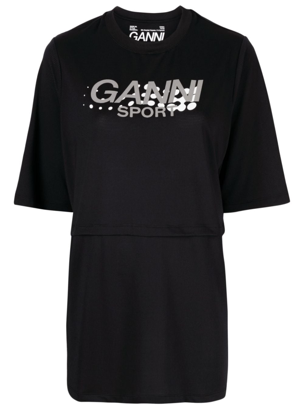 GANNI T-shirt met mesh en grafische print Zwart