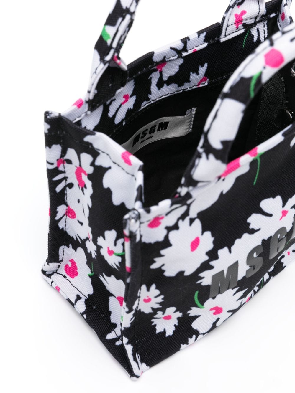 Shop Msgm Mini Floral-print Tote Bag In Black