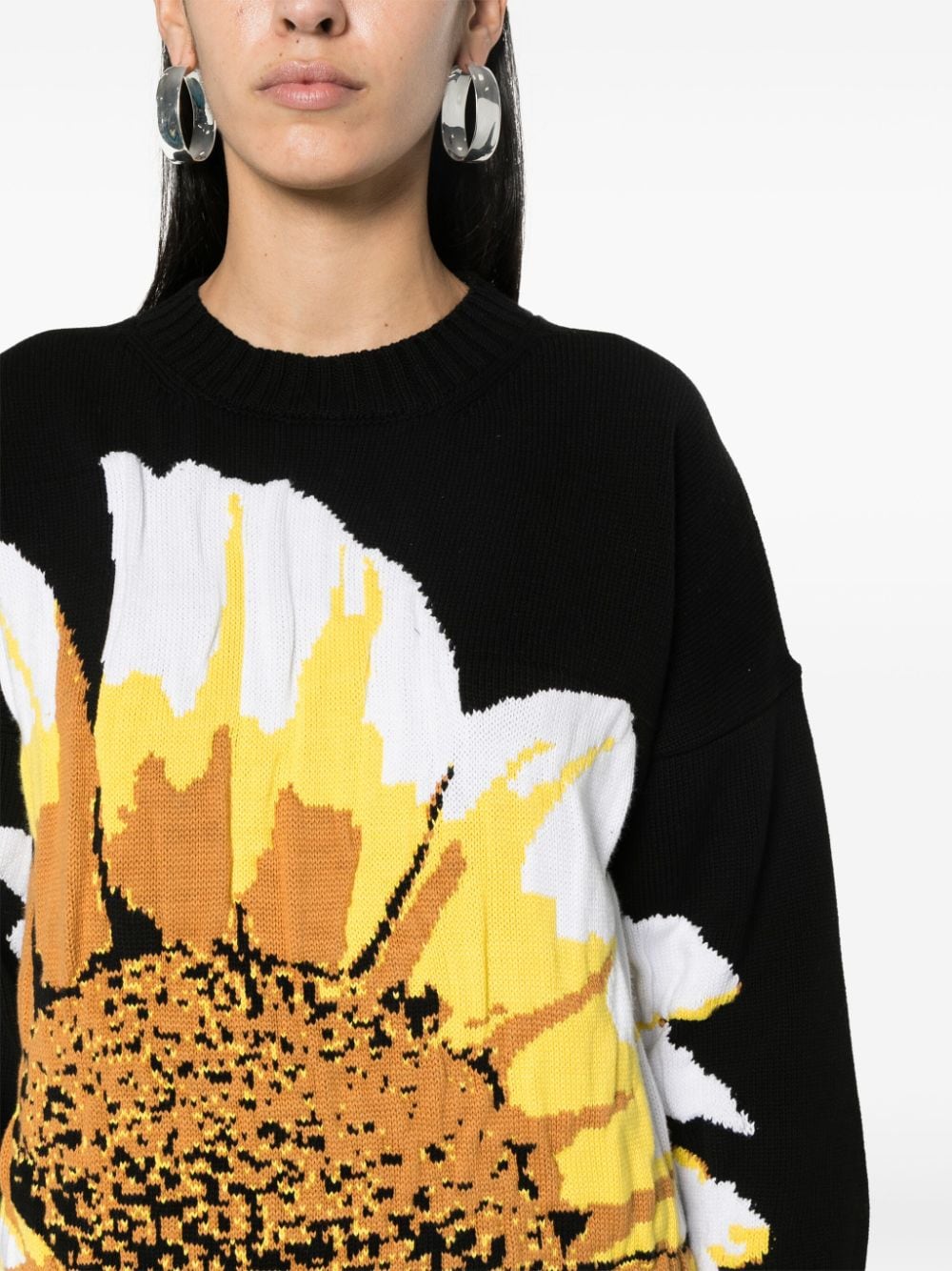 Shop Msgm Floral-intarsia-knit Jumper In Black