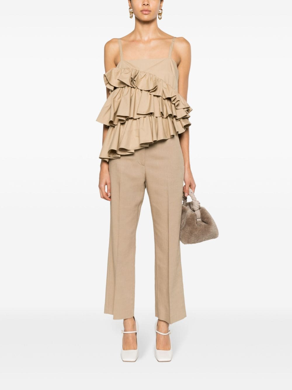Shop Msgm Ruffled-detailed Cotton Tank Top In Neutrals