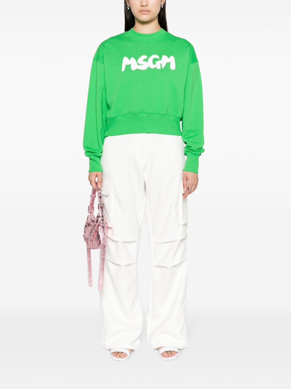 Shop Msgm Logo-print Cotton Sweatshirt In Green