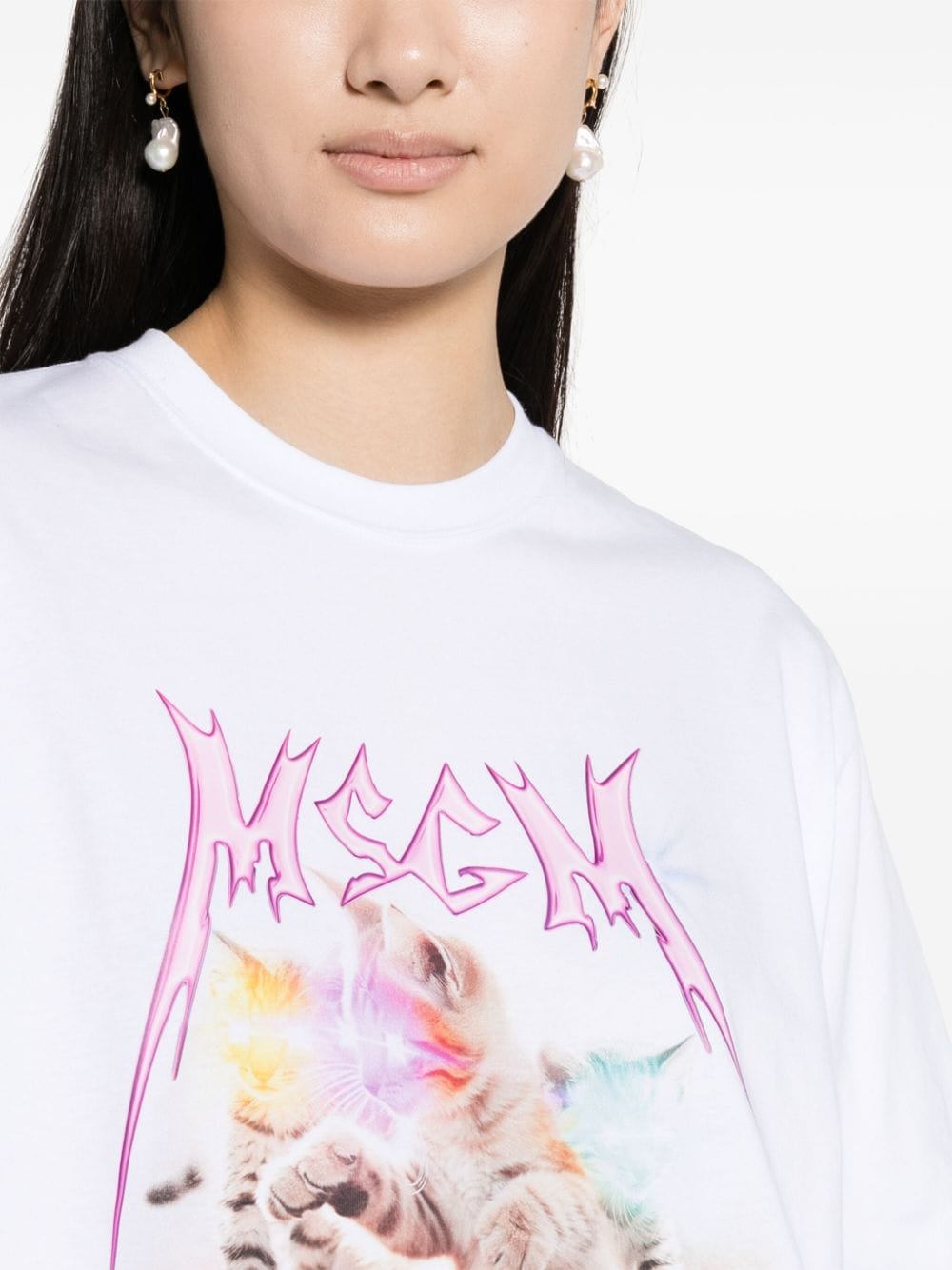 Shop Msgm Crew Neck Graphic-print Cotton T-shirt In White