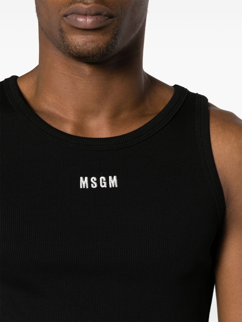 Shop Msgm Embroidered-logo Ribbed Tank Top In Black