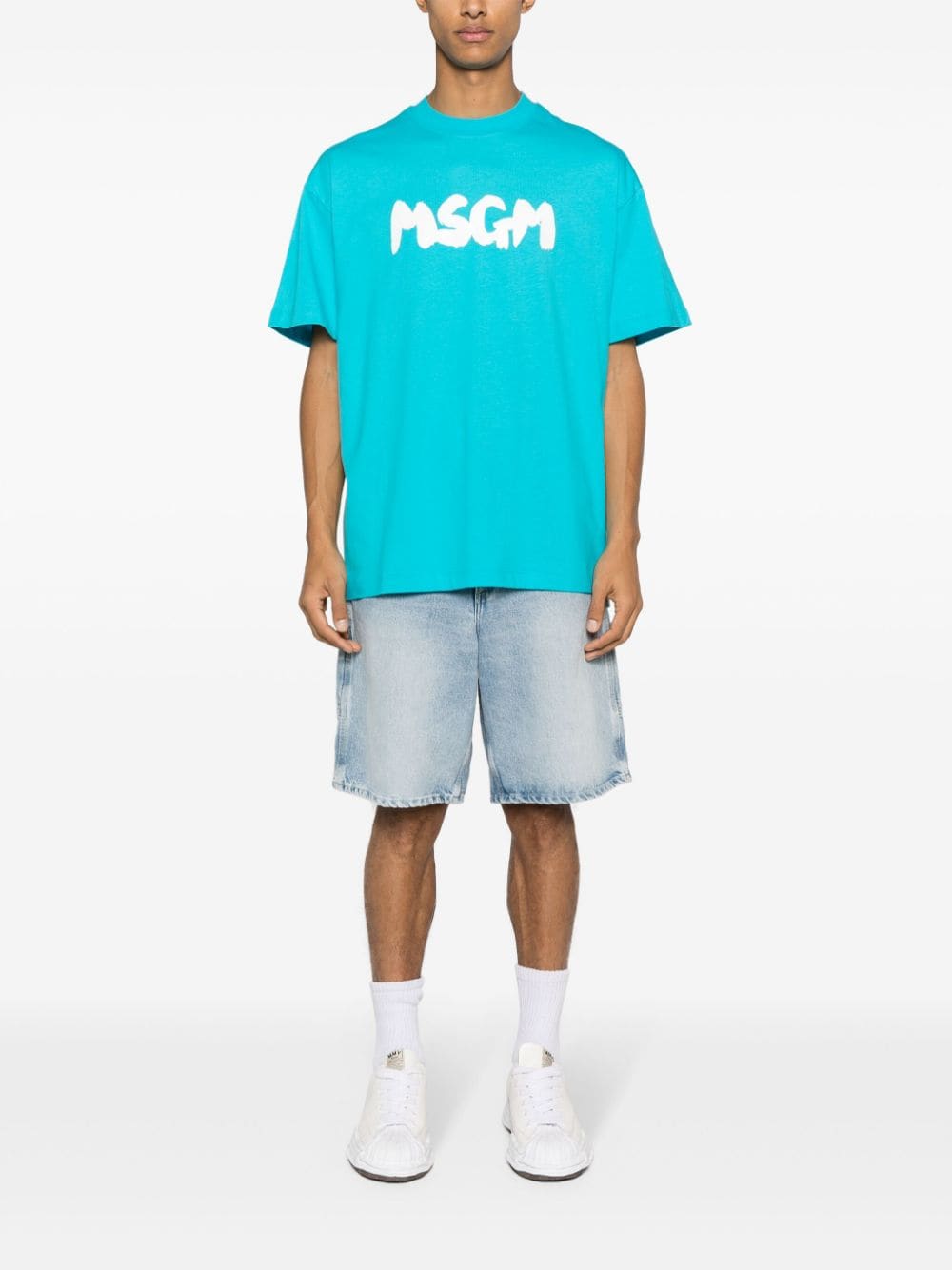 Shop Msgm Logo-print Cotton T-shirt In Blue