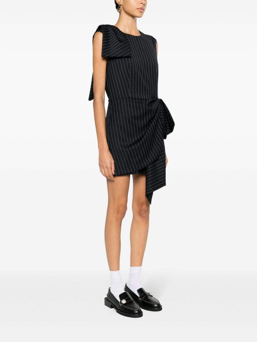 Shop Msgm Bow-detailed Pinstriped-pattern Dress In Blue