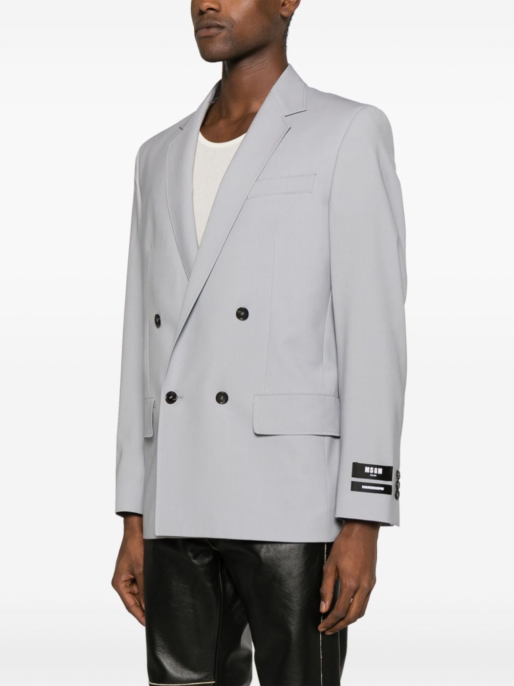 Shop Msgm Logo-patch Double-breasted Blazer In Grey