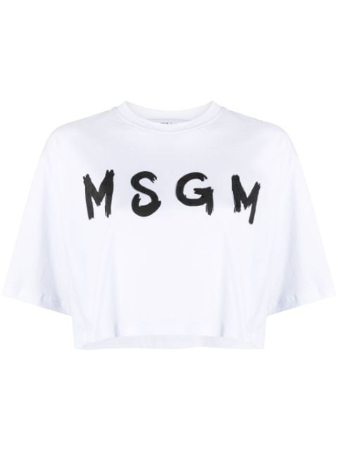 MSGM cropped logo-print cotton T-shirt