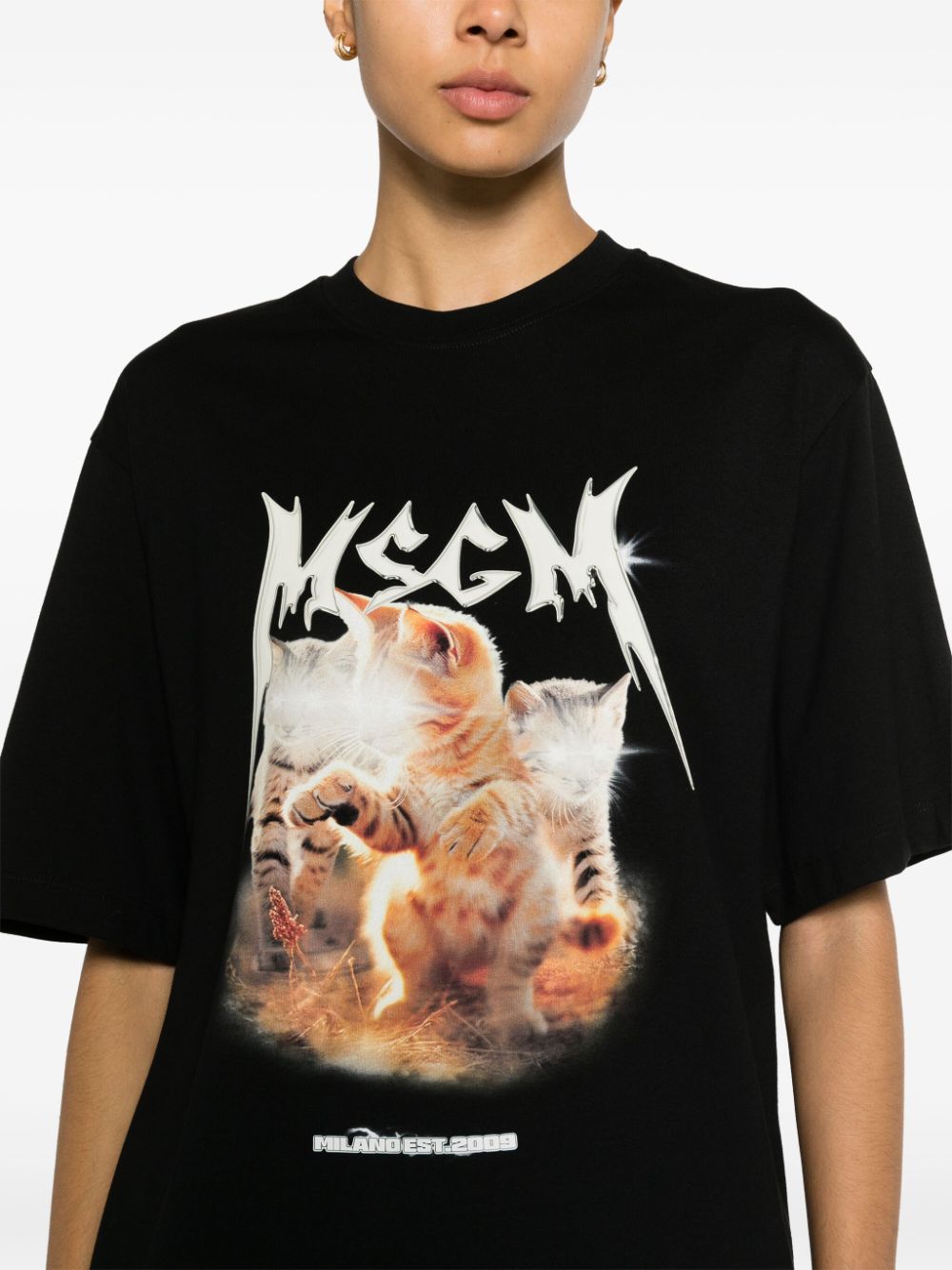Shop Msgm Cats-print Cotton T-shirt In Black