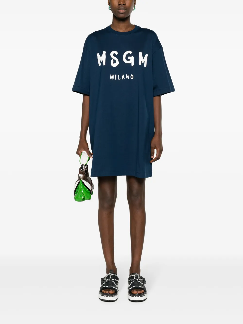 Shop Msgm Logo-print Cotton T-shirt Dress In Blue