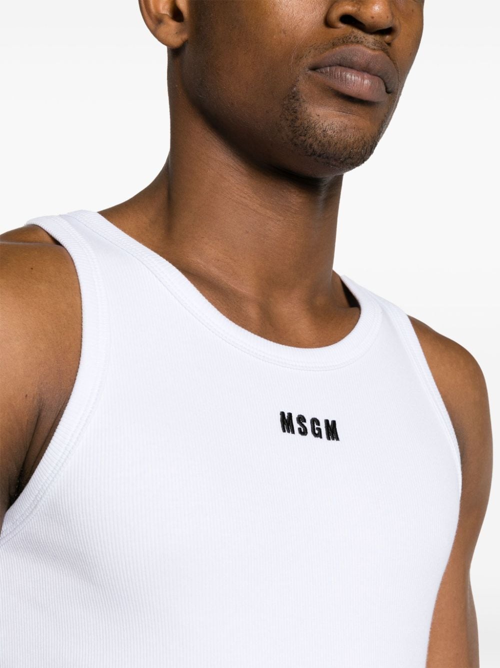 Shop Msgm Embroidered-logo Ribbed Tank Top In White