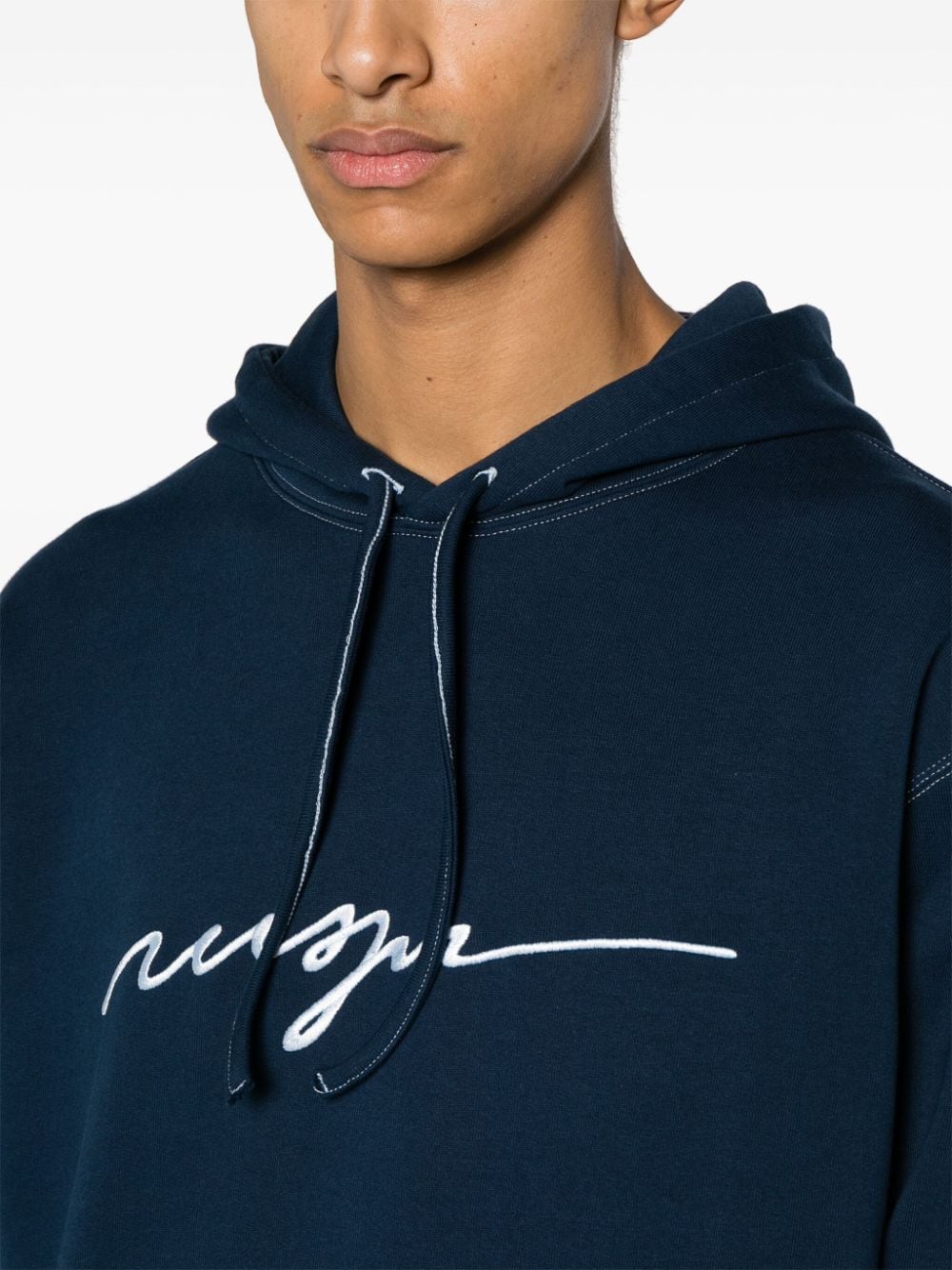 Shop Msgm Logo-embroidered Cotton Hoodie In Blue