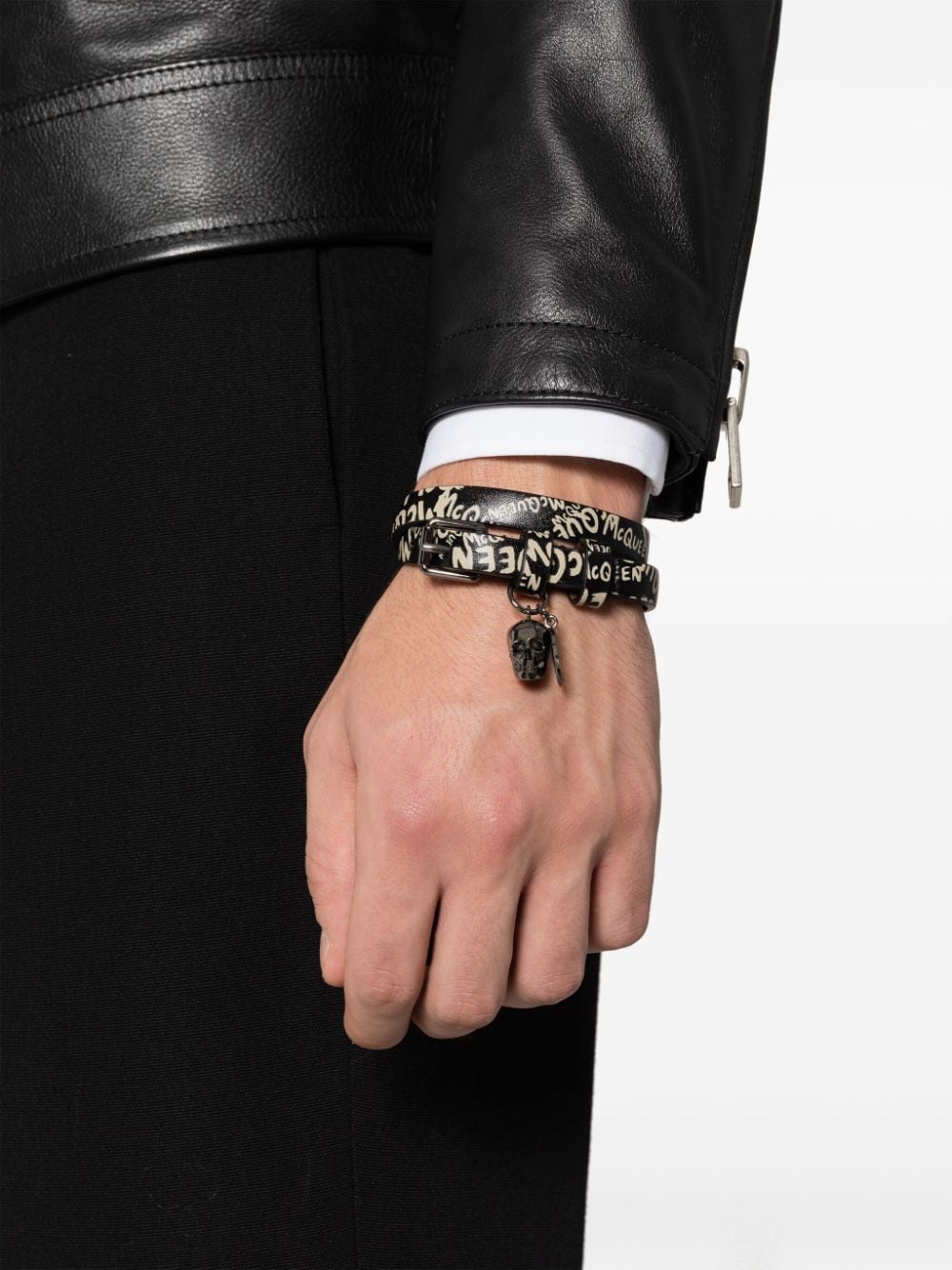 Shop Alexander Mcqueen Double-wrap Leather Bracelet In Black