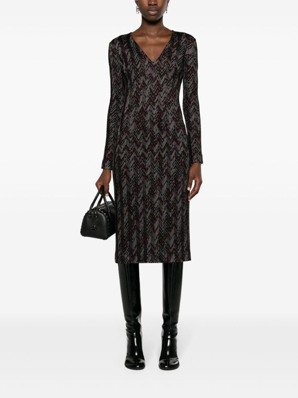 Missoni Midi-jurk met visgraat patroon en V-hals Zwart