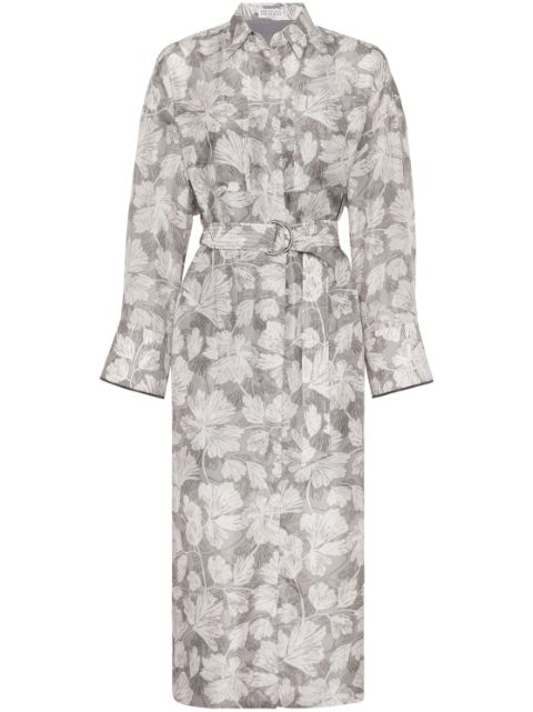 Brunello Cucinelli leaf-print belted midi dress Women