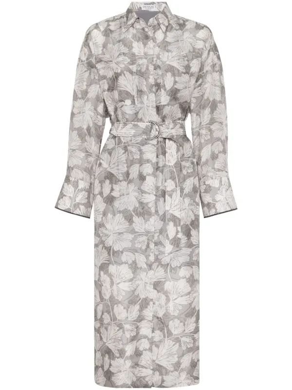Brunello Cucinelli Leaf-print Belted Midi Dress in Grey