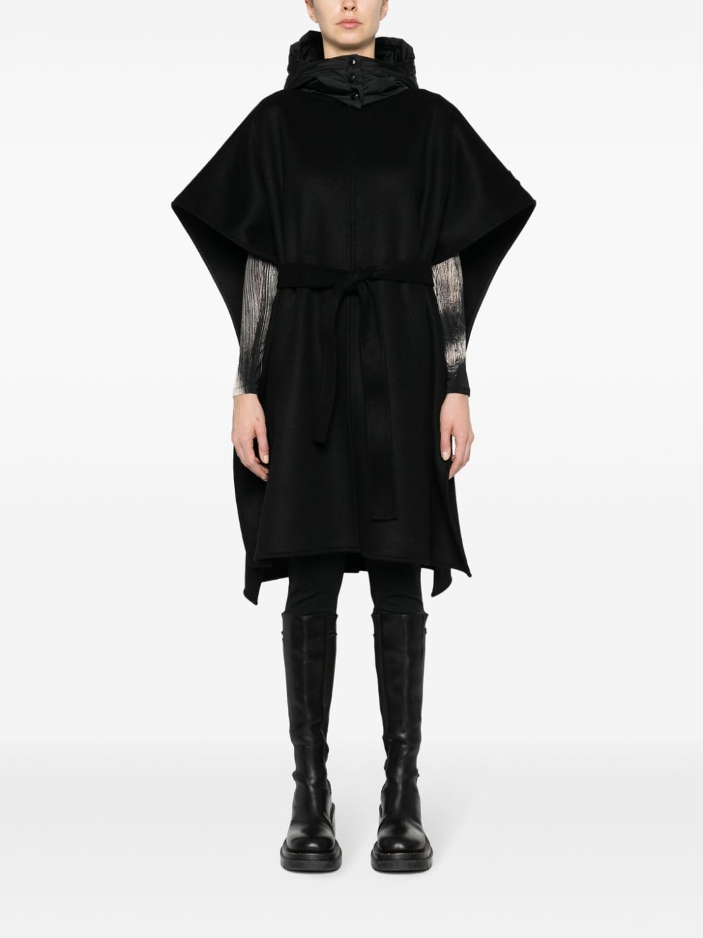 Shop Moncler Belted Hooded Cape In Schwarz