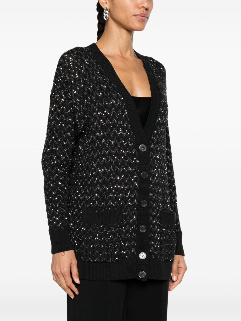 Shop Missoni Zigzag-knit Sequinned Cardigan In Black