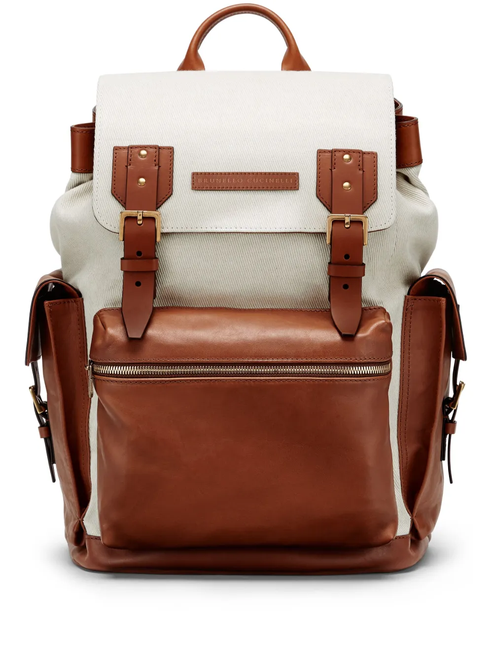 Shop Brunello Cucinelli Logo-patch Leather Backpack In Neutrals