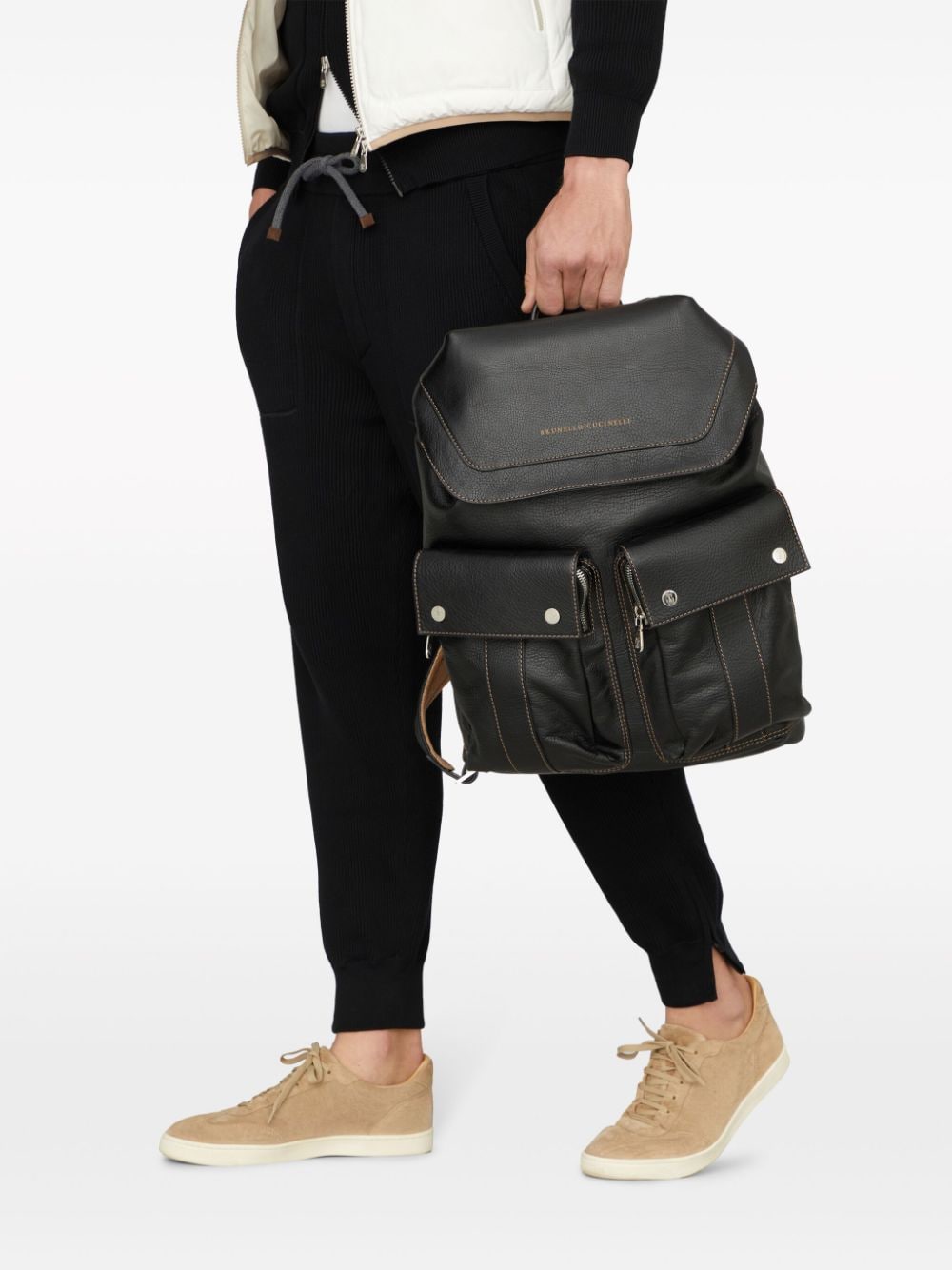 Shop Brunello Cucinelli Logo-print Leather Backpack In Black