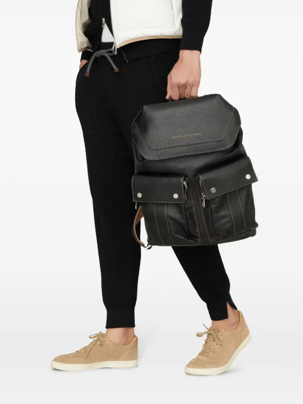 Brunello Cucinelli logo-print Leather Backpack | Black