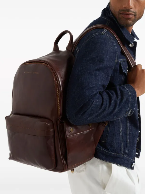 Brunello Cucinelli logo-print Leather Backpack | Brown | FARFETCH