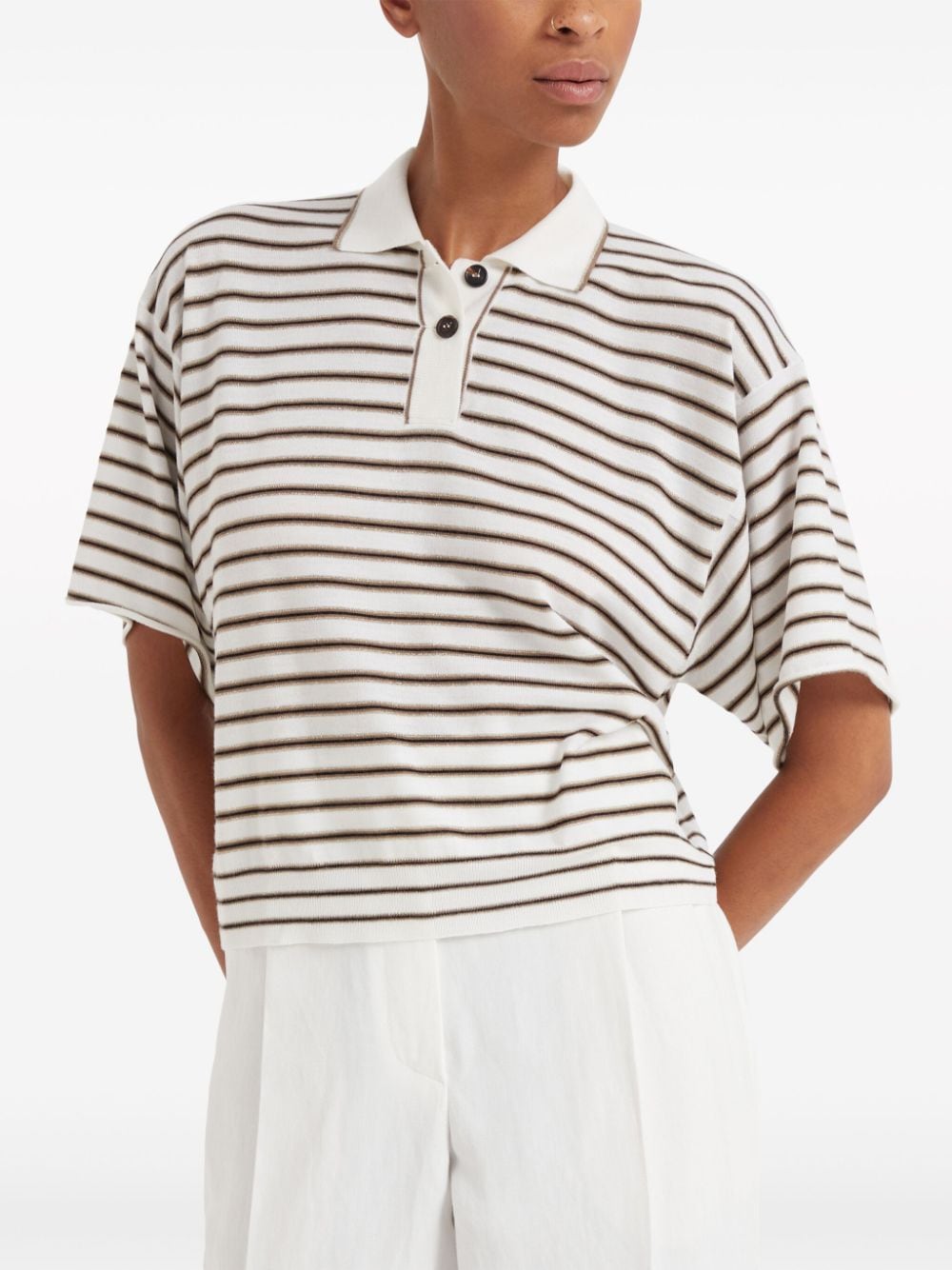 Shop Brunello Cucinelli Striped Cropped Polo Shirt In White