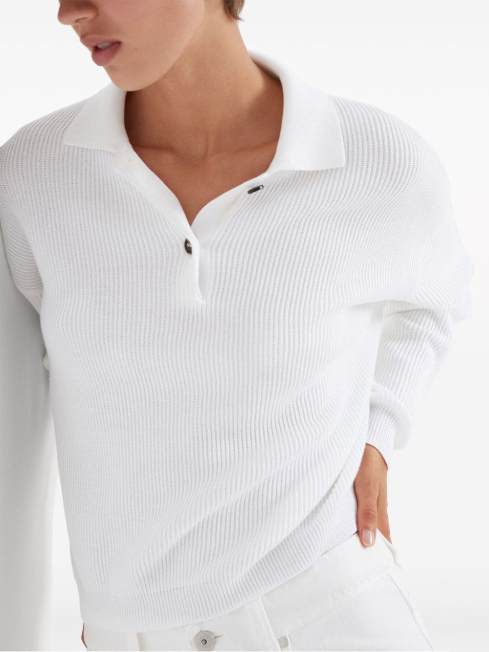 Shop Brunello Cucinelli Ribbed-knit Polo-collar Jumper In White
