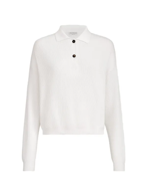 Brunello Cucinelli Cotton English Rib Knit Polo Shirt with Monili in White
