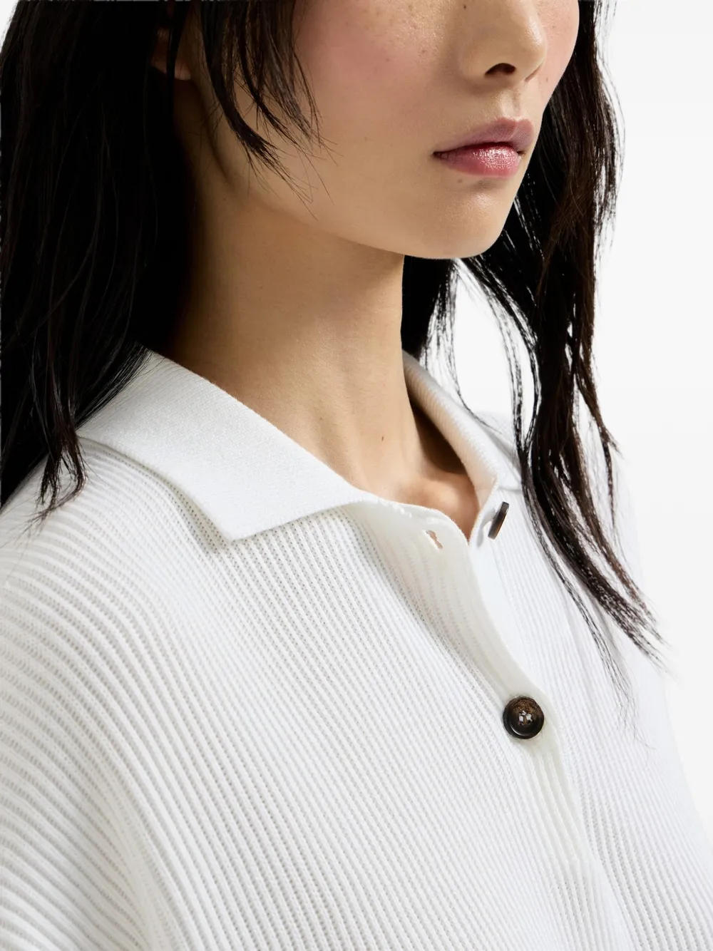 Brunello Cucinelli Cotton English Rib Knit Polo Shirt with Monili in White, view 5