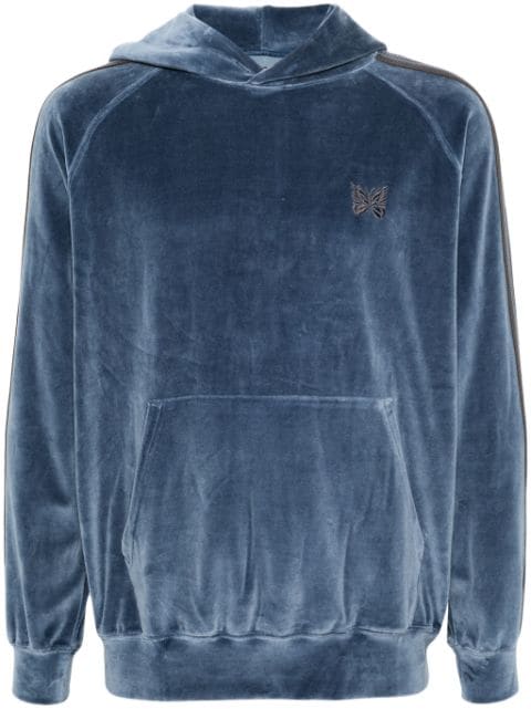 Needles logo-embroidered velvet-effect hoodie