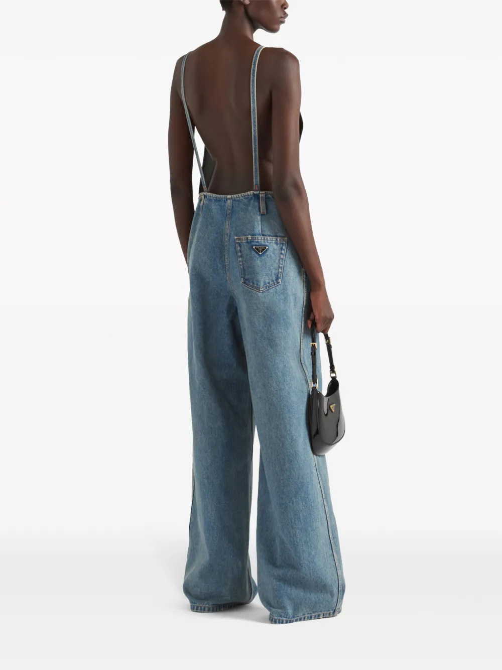 Shop Prada V-neck Denim Jumpsuit In Blue