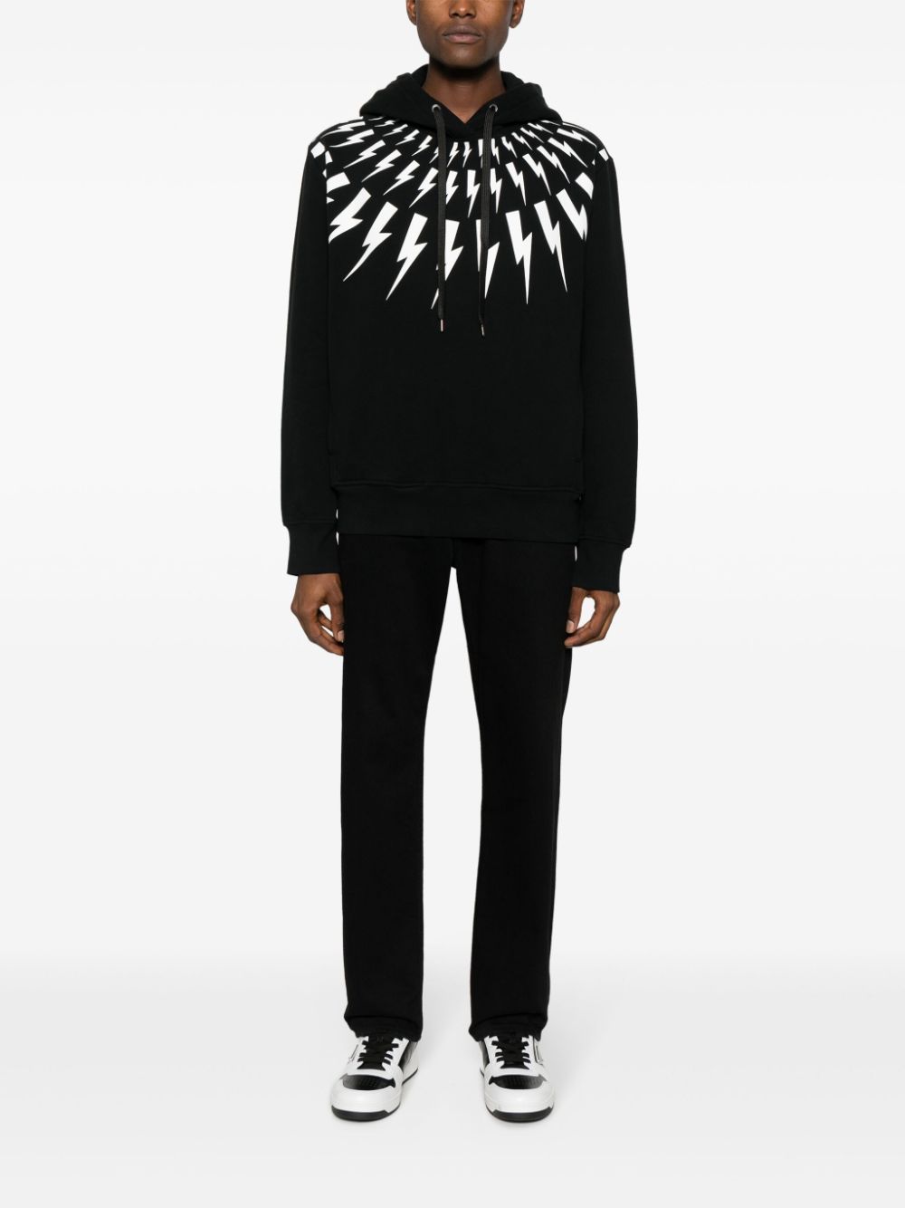 Shop Neil Barrett Thunderbolt-print Cotton Hoodie In Black