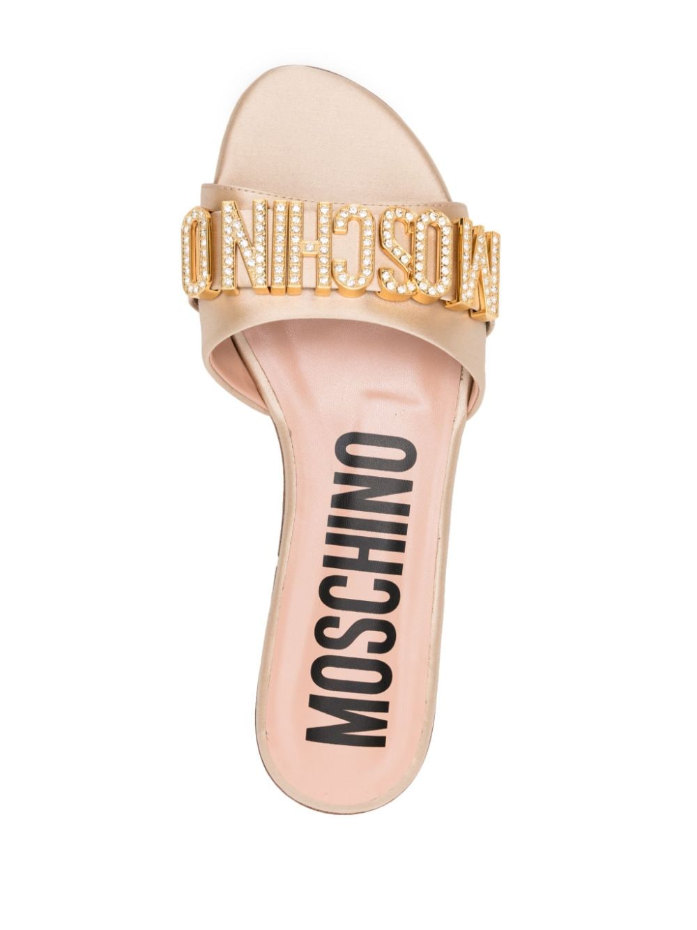 Shop Moschino Logo-plaque Satin Sandals In Gold