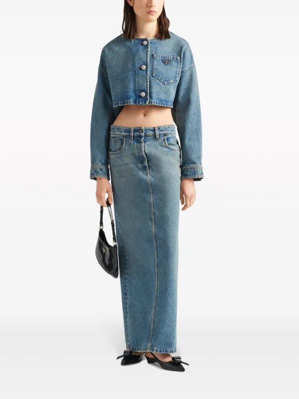 Prada triangle-logo Denim Maxi Skirt | Blue | FARFETCH PT