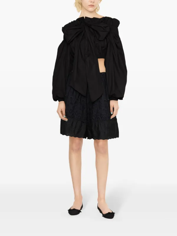 PATOU ブラック ボリュームスリーブ トップスリボン タックギャザーボリュームスリーブブラウス「T1304」