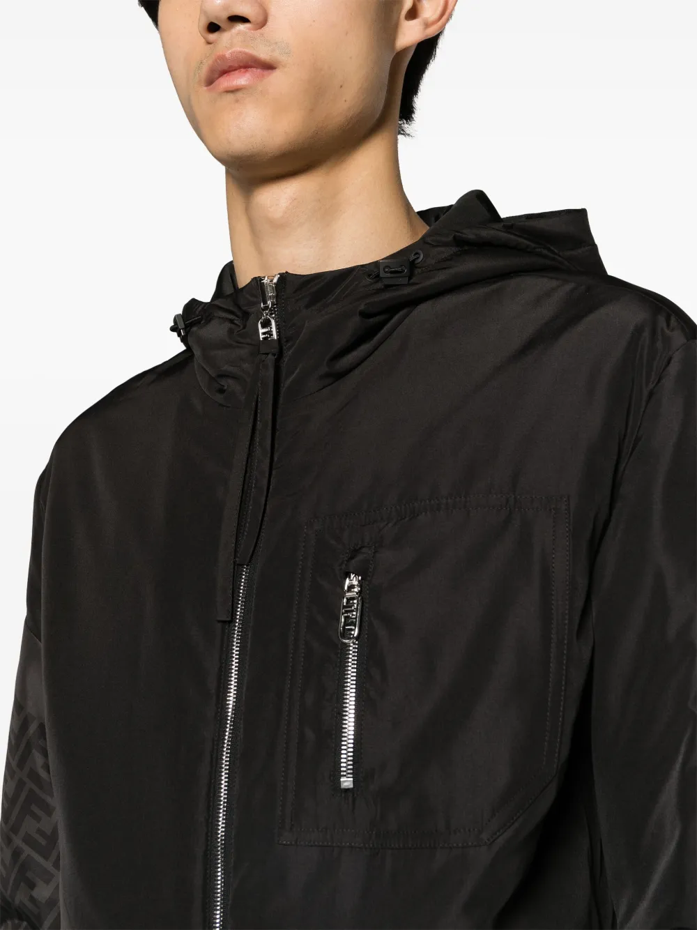 Shop Fendi Ff-print Hooded Windbreaker In Black