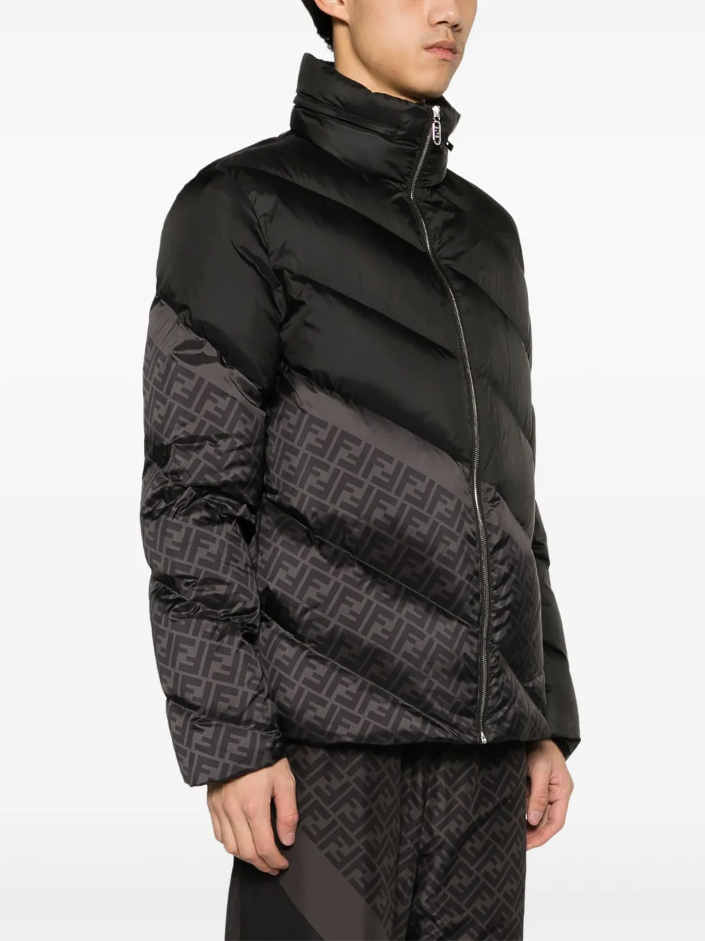 Shop Fendi Ff-print Diagonal-quilted Puff Jacket In Black