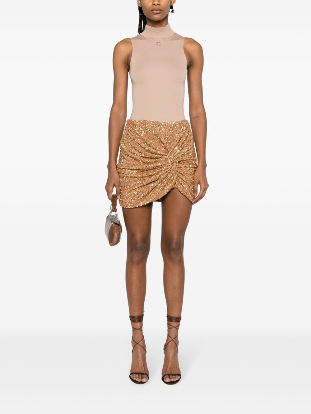 Shop Self-portrait Gathered Sequinned Miniskirt In Gold