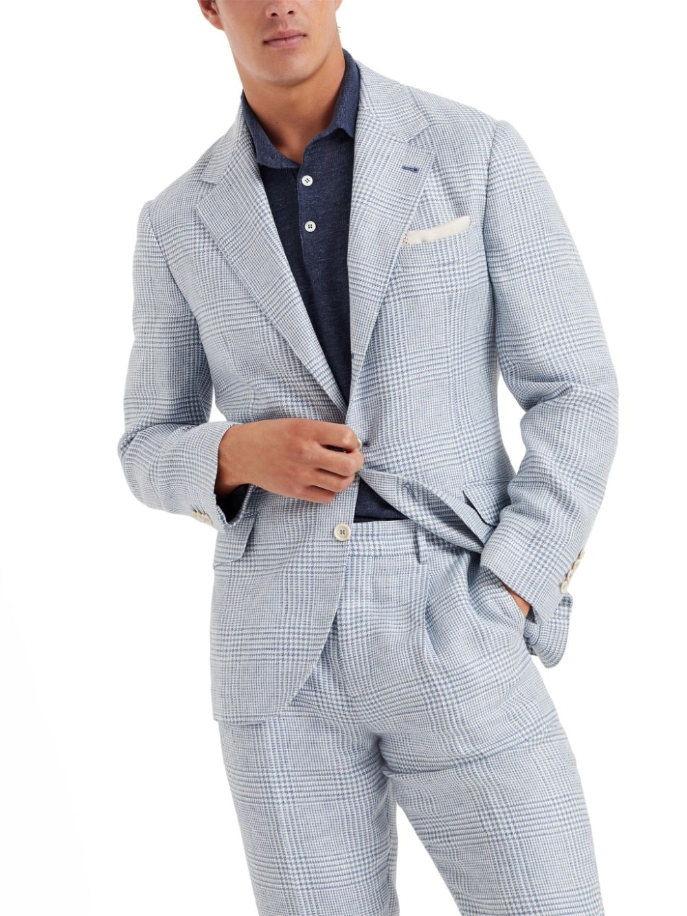Shop Brunello Cucinelli Check-pattern Linen Blazer In Blue