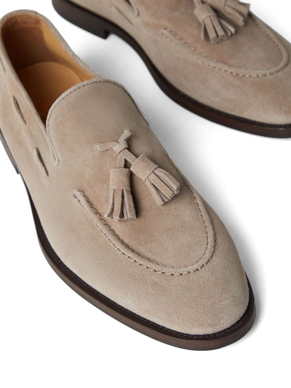 Shop Brunello Cucinelli Tassel-embellished Suede Loafers In Neutrals