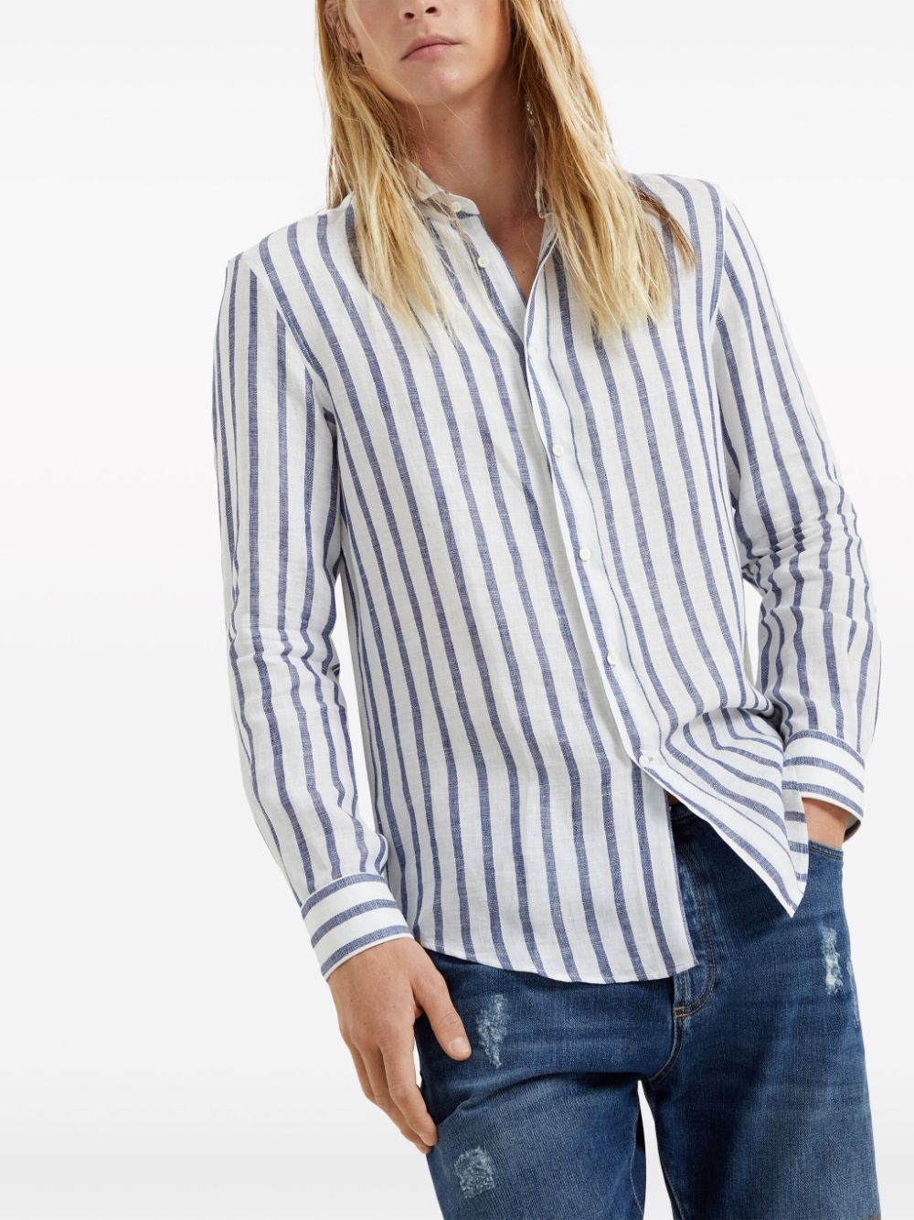 Shop Brunello Cucinelli Striped Linen Shirt In White