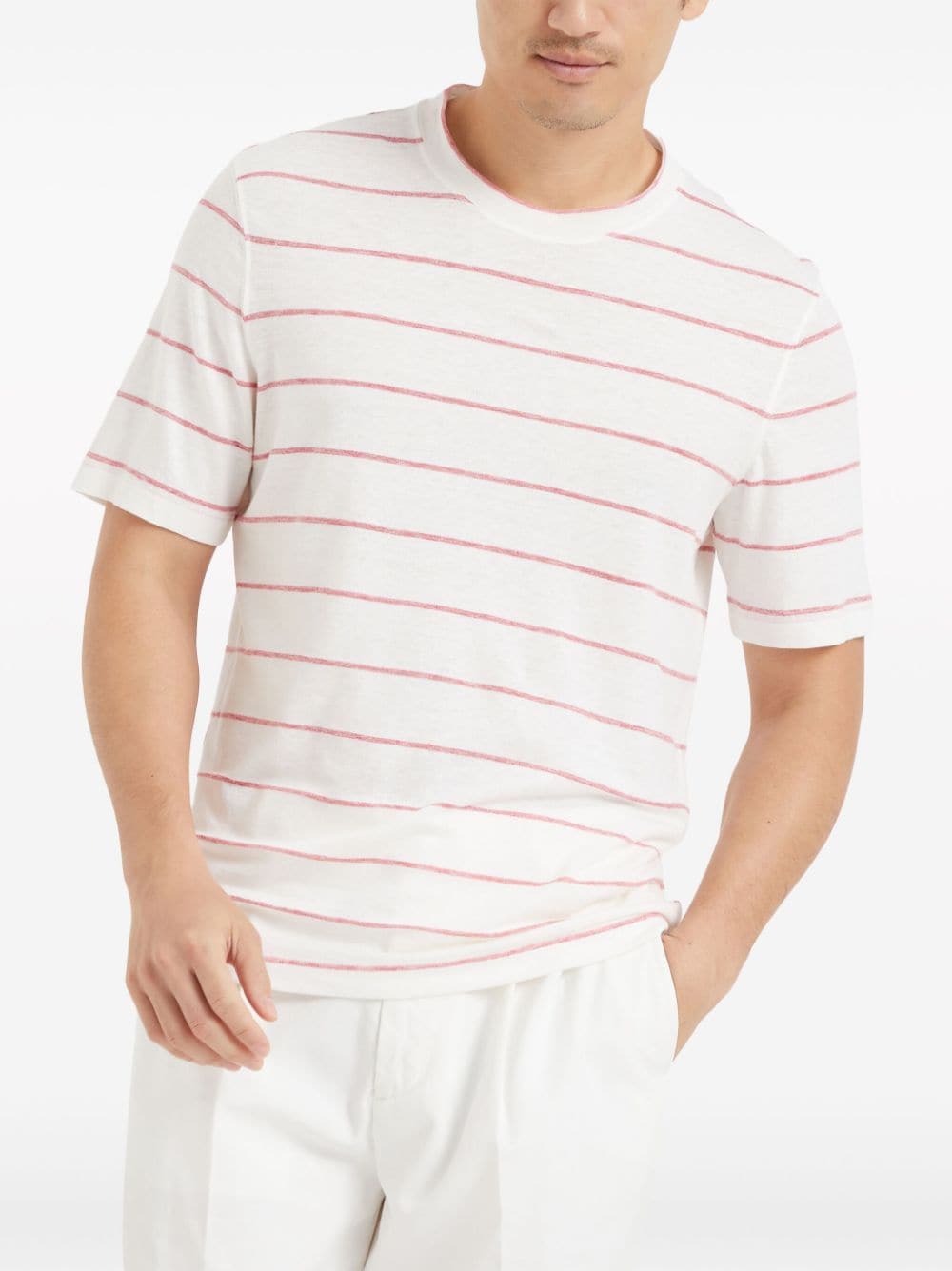 Shop Brunello Cucinelli Linen-blend Striped T-shirt In White