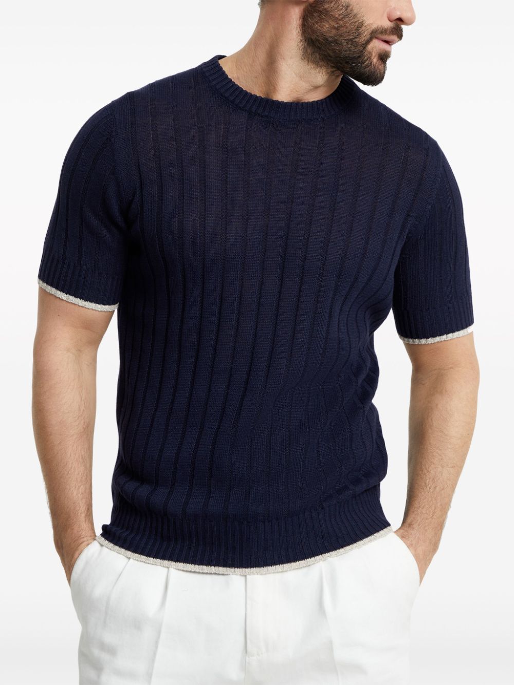 Shop Brunello Cucinelli Ribbed-knit T-shirt In Blue