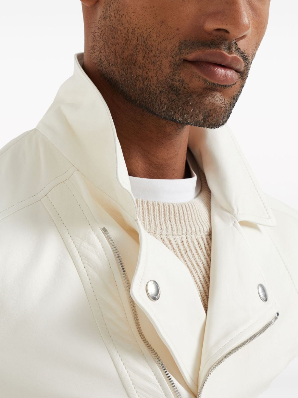 Shop Brunello Cucinelli Bonded-seamed Panelled Leather Jacket In White