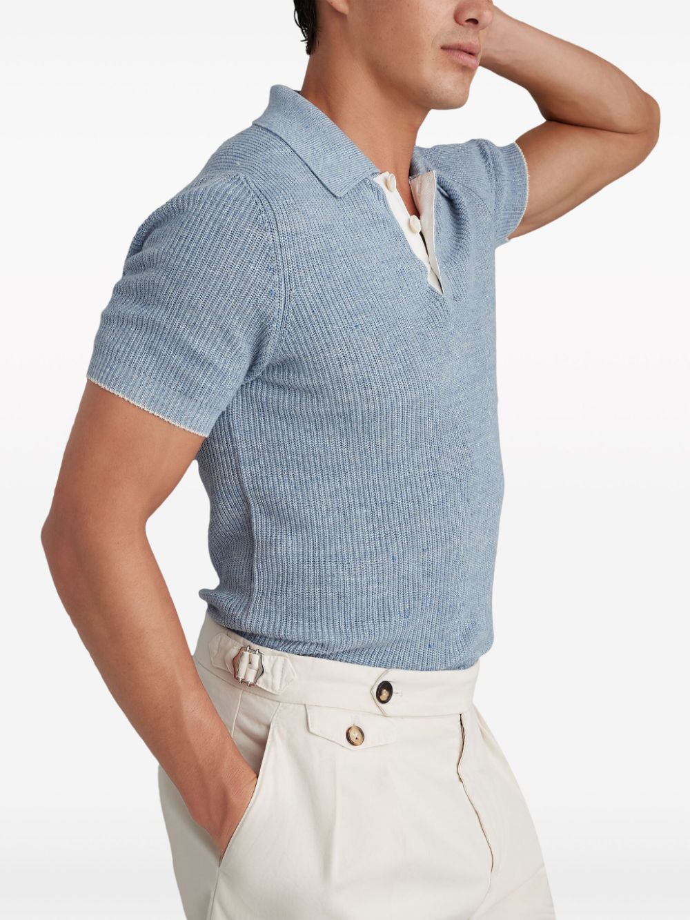 Shop Brunello Cucinelli Mélange Ribbed-knit Polo Shirt In Blue