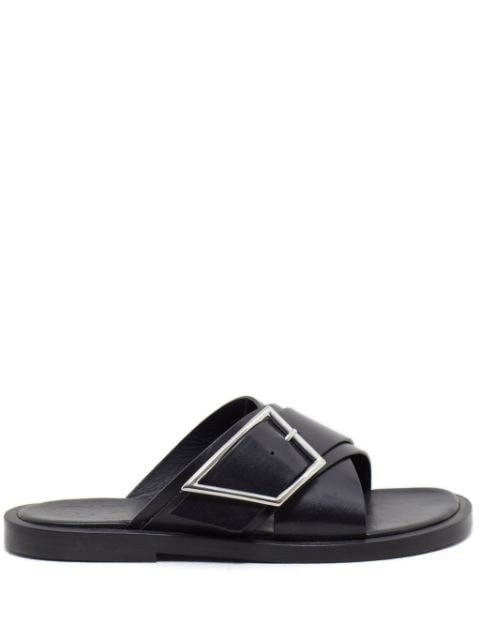 Closed buckled-strap leather slides