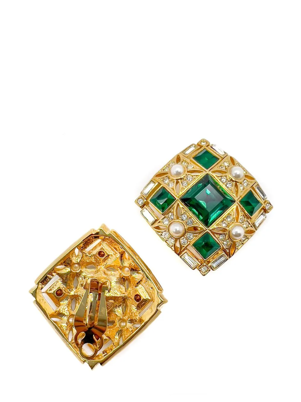 Jennifer Gibson Vintage Square Cut Emerald Crystal & Pearl Earrings 1980s - Goud
