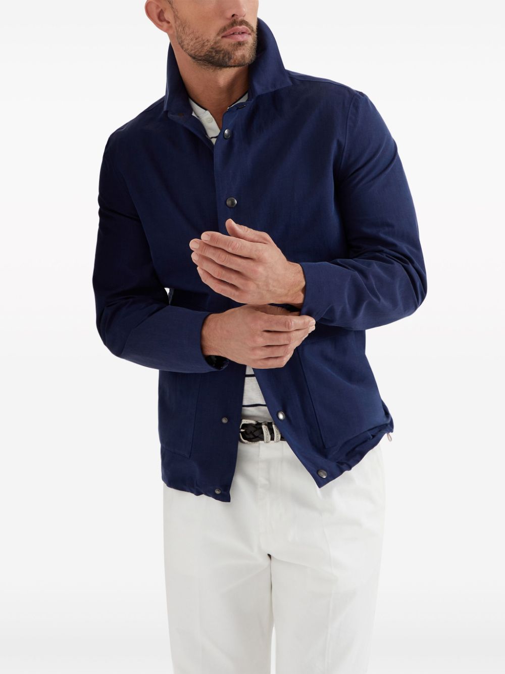 Shop Brunello Cucinelli Linen-silk Shirt Jacket In Blue