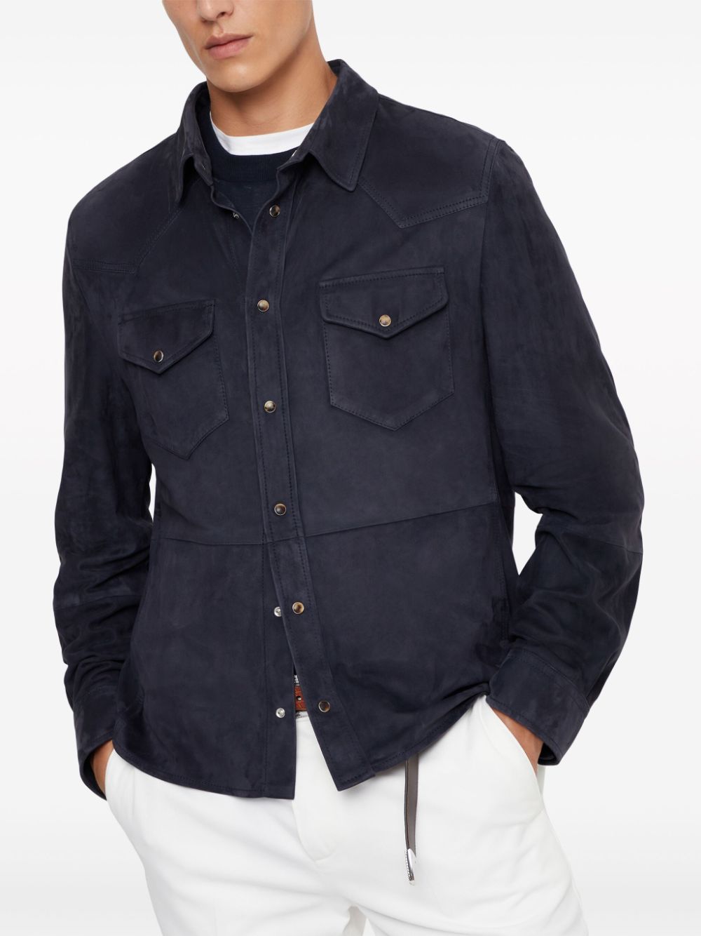 Brunello Cucinelli Leren shirtjack met brede kraag Blauw